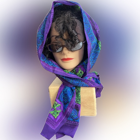 VINTAGE ADRIENNE VITTADINI SILK SCARF Geometric Design Vibrant Purple Green Blue - Picture 4 of 17